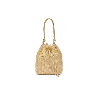 PRADA MINI CRYSTAL-EMBELLISHED SATIN BUCKET BAG IN GOLD 1BE067 (19.5*15.5*10cm)